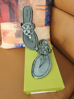 Tory Burch Velvet Logo Thong Sandals in Teal Gray